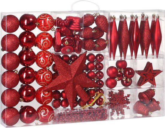 Deuba Kerstboomballen - Set van 102 Kunststof Ø3-6cm - Mat Glanzend Rood