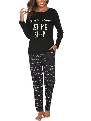 Reliwel Pyjama voor dames, katoen, bedrukt, loungewear, T-shirt met lange mouwen, borstzak en pyjamabroek, ronde hals, knuffelige pyjamaset, zwart., M
