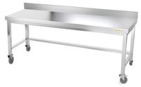 GOLDINOX Plan de travail en acier inoxydable, châssis 1800 x 600 mm, avec dosseret et renfort, sur roulettes, PREMIUM
