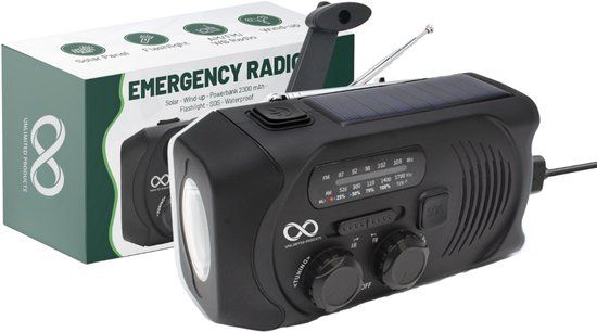 Unlimited Products Noodradio - Solar - Opwindbaar - Zwart - Powerbank Zonne-energie - Zaklamp - Opwindbare Radio
