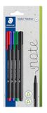 STAEDTLER Triplus Fineliner 334-S BK4, driekant, superfijne, metalen omlijsting punt, ca. 0,3 mm, van 97% recyclaat, Made in Germany, set van 4 stuks op blisterkaart, gesorteerde kleuren