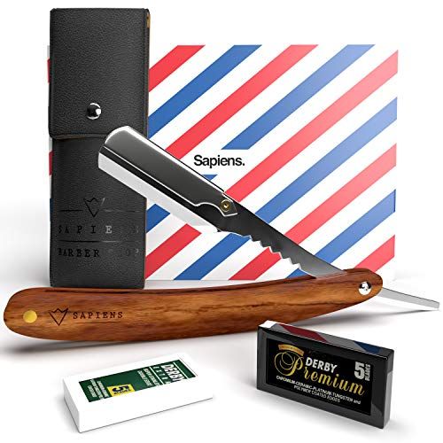 SAPIENS Scheermes van Barbershop - Baardmes voor mannen met houten handvat, kunstleren etui + 10 Derby scheermesjes (20 halve mesjes)