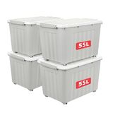 Cetomo 55L x 4 opbergdozen met wielen, plastic opbergdoos met deksel, vergrendelende gespen, kliksluiting, stapelbaar, nesten, duurzame organizer voor thuiskantoorkleding, grijs, 55L-4 Pack