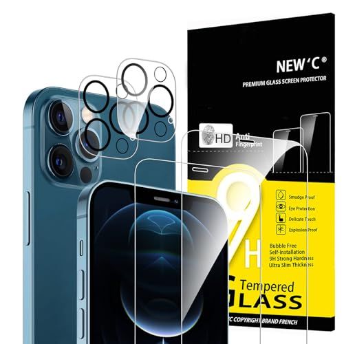 NEW'C Set van 4, 2 x Screen Protector voor iPhone 12 Pro en 2 x Camera Lens Protector - Gehard Glass Schermbeschermer - Luchtbelvrij - Ultrabestendig - 9H hardheidsglas