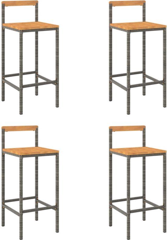 vidaXL Barkrukken 4 stuks poly rattan en massief acaciahout grijs