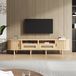 MODFU meuble TV avec 2 tiroirs et 2 portes coulissantes, design ovale vintage, accents en rotin & relief, chêne clair, MDF, 170x40x40 cm