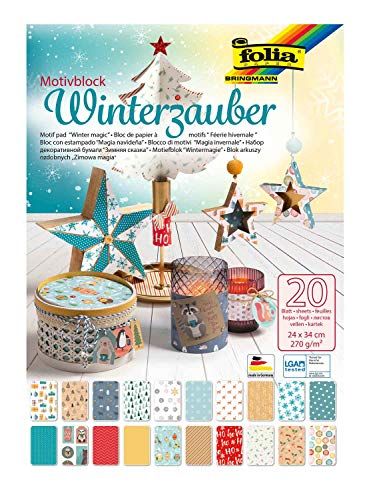 Folia Panda Folia 49049 - Motiefblok wintermagie, 270 g/m², ca. 24 x 34 cm, 20 vellen gesorteerd in 20 verschillende motieven