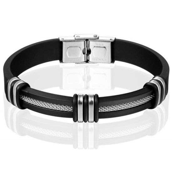 LGT JWLS Lookinggoodtoday RVS Siliconen armband Mesh Zwart Zilverkleurig