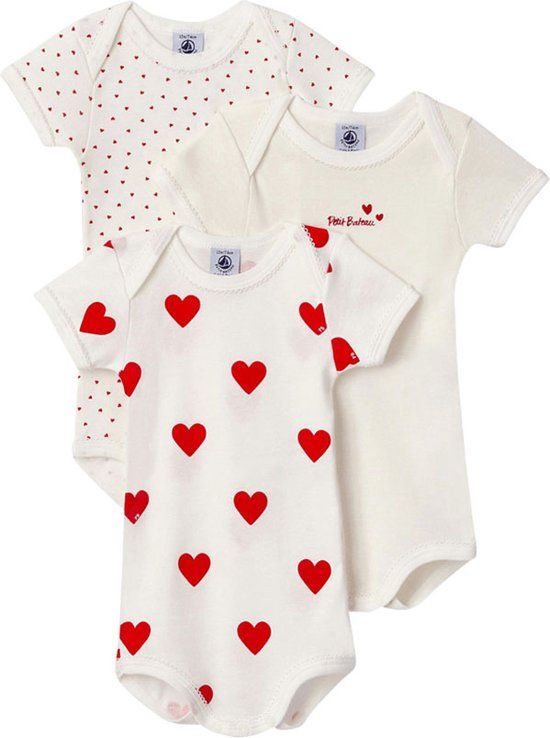 Petit Bateau Set van 3 katoenen body's met korte mouwen en hartjes - Maat 74