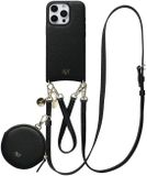 AVY Leren Hoesje geschikt voor Apple iPhone 16 Pro | Met Koord en Mini Telefoontasje | Compatibel met MagSafe | Leather Case met 30CM & 130CM Koord & Pouch | Leather Set | Zwart
