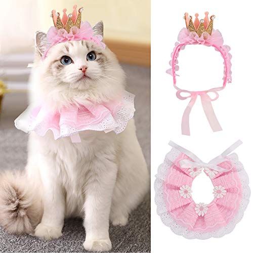 Legendog Kattenbandana voor katten, prinses kattenkostuums voor katten, schattige kanten hondenbandana's en kattenkroon accessoires voor katten, kleine honden, roze outfit voor verjaardagsfeestje (A-roze)