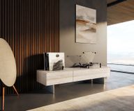 Meuble TV Cuor 150 cm Céramique Laminam® Travertino Bianco Crème-blanc 1 clapet 1 tiroir Pied optique flottant Ancier inoxydable