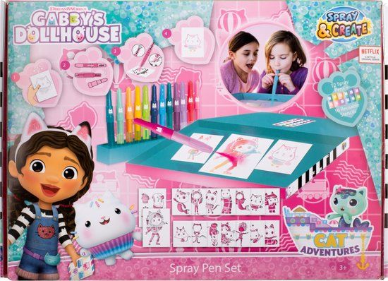 Gabby's Dollhouse Spray Pen Set - Drawing Set with Colored Blow Pens and Stencils