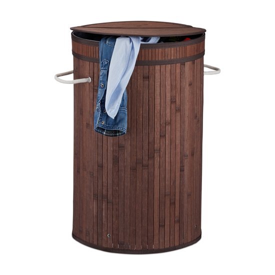 Relaxdays wasmand met deksel - wasbox rond - mand voor wasgoed - 65 liter - XXL - bamboe bruin