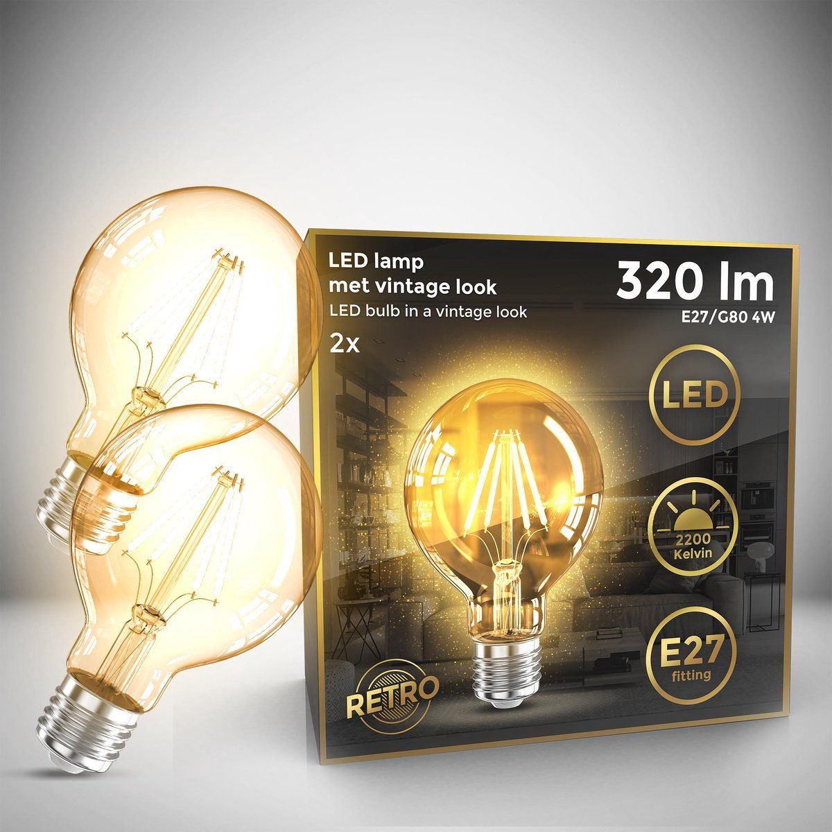 B.K.Licht - LED Lamp - Filament - Kooldraad - Globe - Retro - E27 - G80 - 2200K - 4W - 320lm - Amber - Set van 2