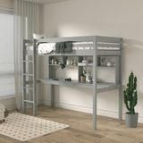 Sunny Sil Hoogslaper – Kinderbed Met Bureau – Met Boekenplank - Met Uitvalbeveiliging en rechte ladder - 208 x 97 x 172 cm – Peuterbed Meisjes en Jongens – FSC 100% Hout – Met Lattenbodem - Exclusief Matras – Grijs