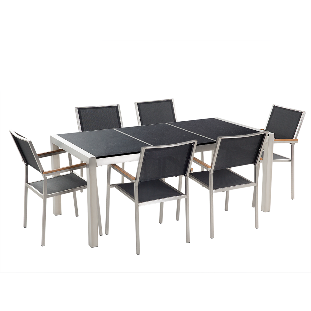 Beliani Tuinset gepolijst graniet/RVS zwart driedelig tafelblad 180 x 90 cm met 6 stoelen zwart GROSSETO