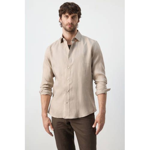 Mango Man regular casual overhemd met linnen beige