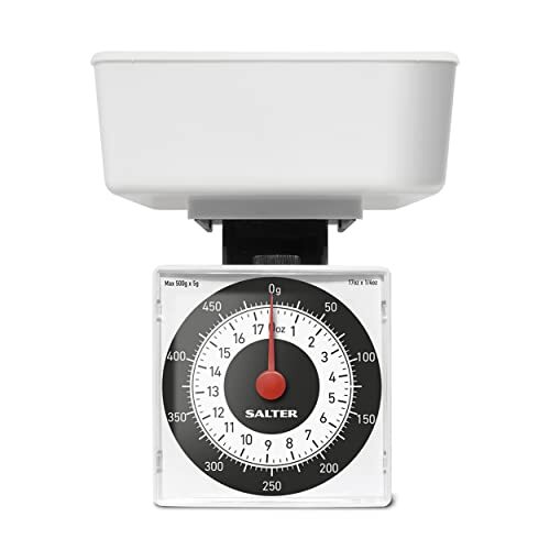 Salter 022 WHDR Dietary Mechanical Kitchen Scale, Compact for Travel/In Bag, 500g Capacity, Measures in 5g Increments, Precise Portion Control, No Batteries, White, 15 Year Guarantee