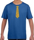Bellatio Decorations Shoppartners Bv Verkleedkleding t-shirt - blauw - met kleine Stropdas - goud glitters - voor kinderen - carnaval 110/116