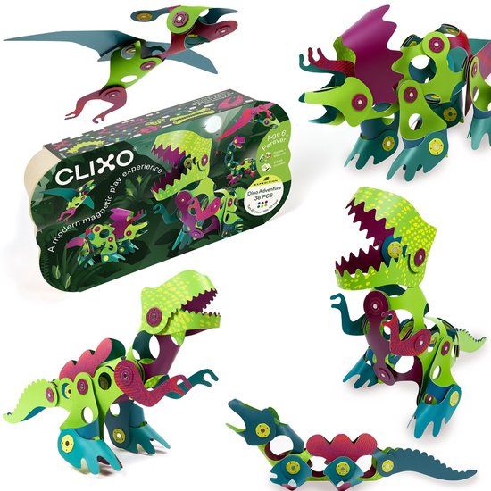 Clixo Dino Adventure Pack, magnetisch bouwspel met dinosaurussen, 36 flexibele onderdelen om 3D-figuren te maken, educatief speelgoed voor kinderen