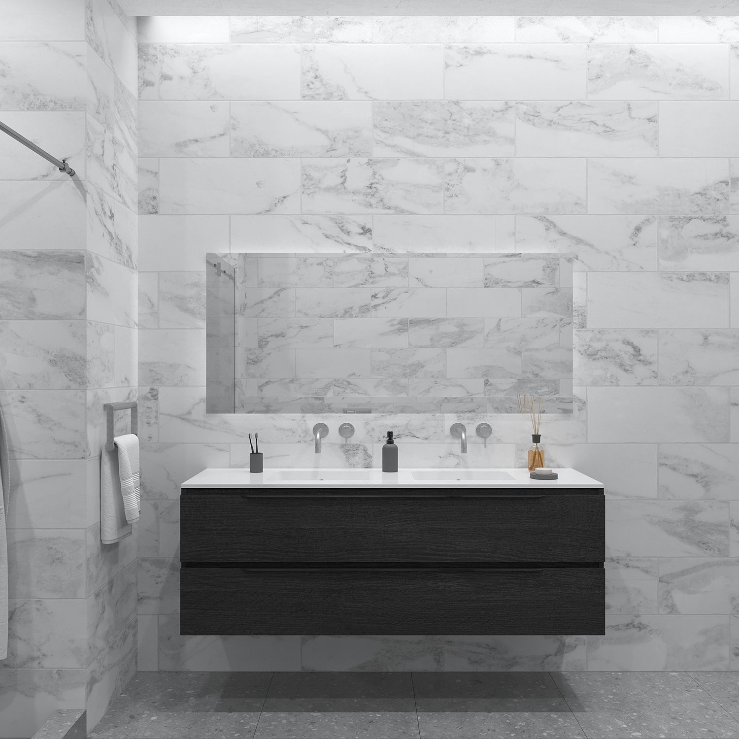 Gliss Design Hera Badkamermeubelset - 140 cm - Mat Zwart - 4 Laden - Zwart Grenen (keuze wastafel)