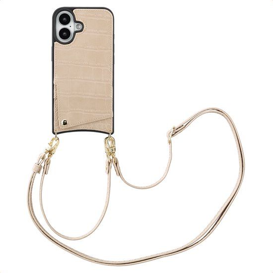 Selencia Hoesje - Geschikt voor Apple iPhone 16 - Croco Backcover met koord en pashouder - Beige