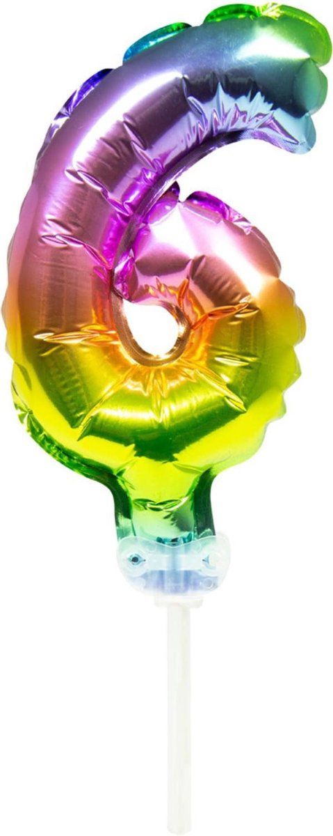 Folie Ballon Cijfer 6 Regenboog 13cm met Stokje