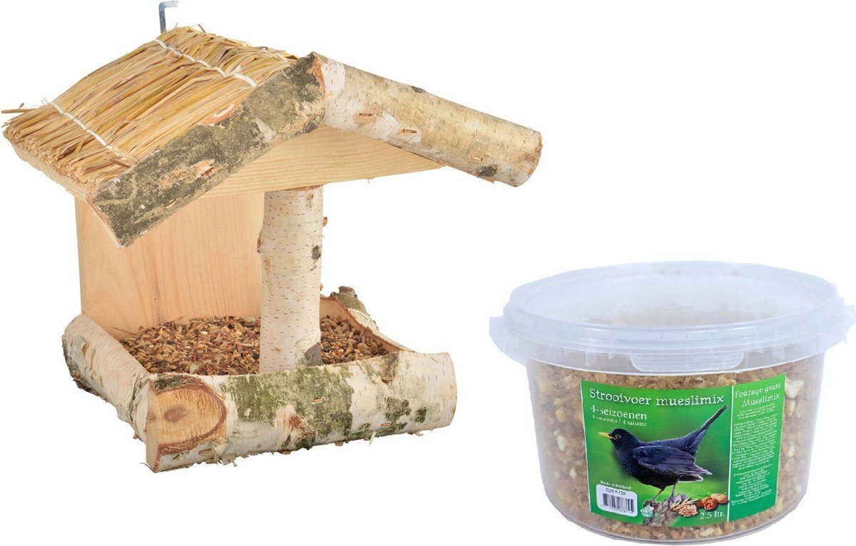 Esschert Design Vogelhuisje/voederhuisje hout 25 cm inclusief 4-seizoenen mueslimix vogelvoer - Vogel voederstation - Vogelvoederhuisje beige