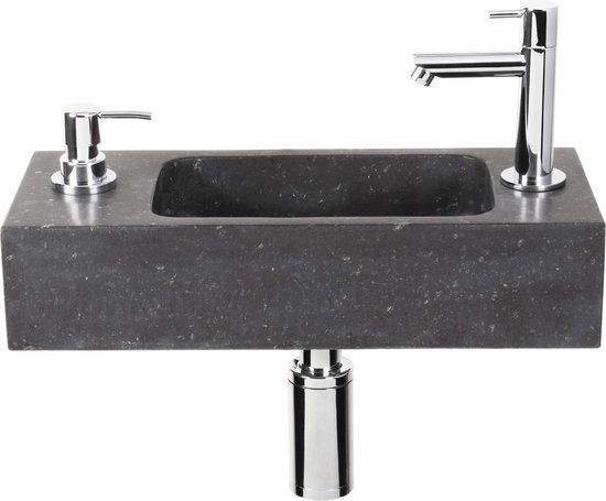 Differnz Sapon Fonteinset met zeepdispenser natuursteen - Kraan recht chroom - 42 x 18 x 9 cm
