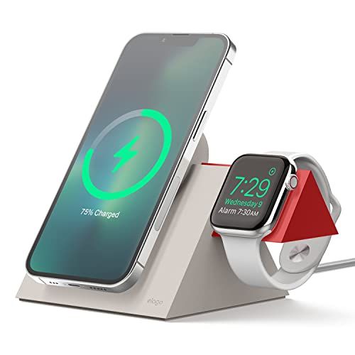 Elago MS5 Duo Oplaadstandaard Compatibel met MagSafe Lader, Apple Watch Lader, Compatibel met iPhone 13, 12 Series, Compatibel met Apple Watch Alle Series [Lader Niet Inbegrepen] (Stone + Rood)