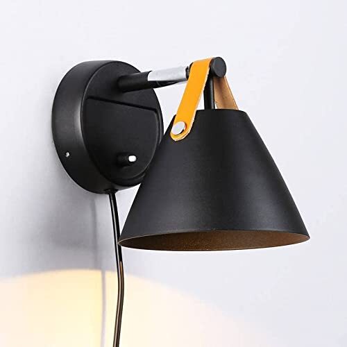 B·LED BARCELONA LED BarcelonaLED wandlamp met kabel en schakelaar, Nordic zwart met leren band, GU10 voor slaapkamer, woonkamer, nachtkastje