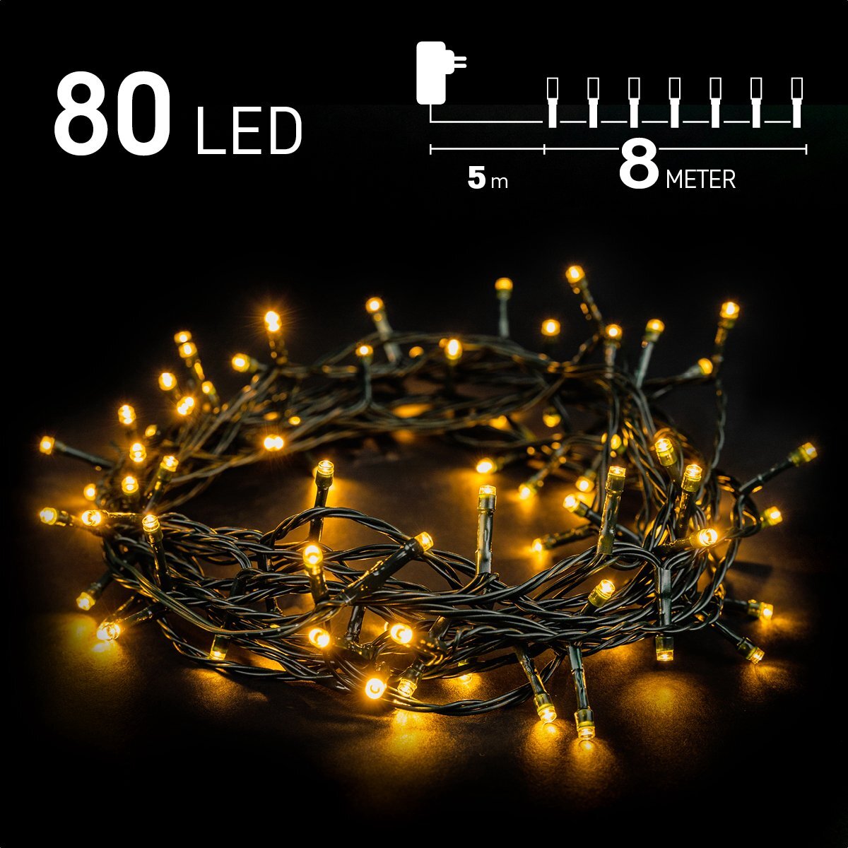 Emos Kerstverlichting buiten - 8 meter 80 LED - Warm Wit - Lichtsnoer - IP44 Stekker met timerfunctie - Kerstboomverlichting - geschikt voor binnen en buiten - Kerstversiering