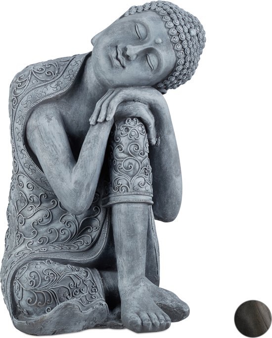 Relaxdays boeddha beeld - 60 cm hoog - tuindecoratie - tuinbeeld - Boeddhabeeld - zittend Lichtgrijs