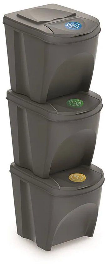 Prosperplast Set van 3 grijze afvalscheidingsbakken - 3 x 25 liter - Kunststof
