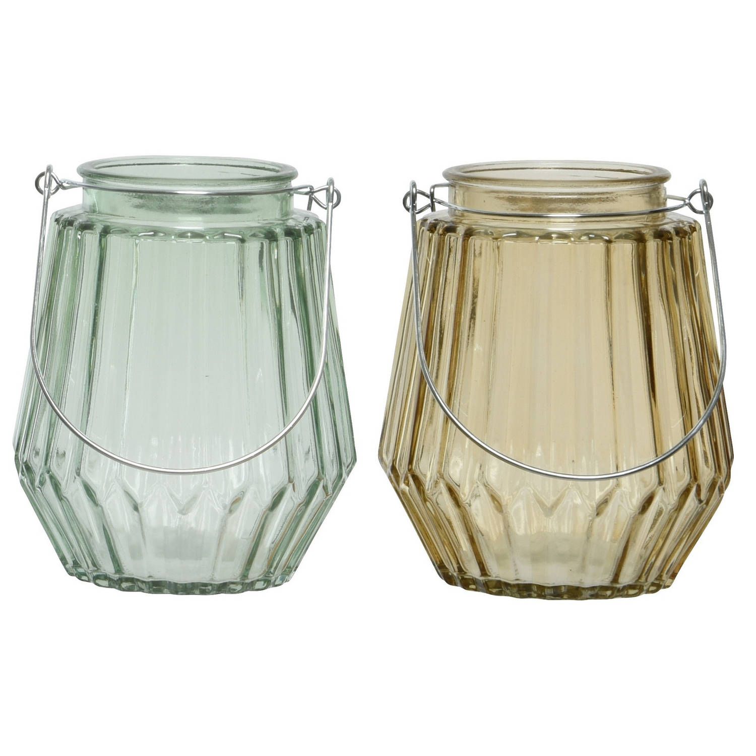 Decoris Set van 2 theelichthouders glas taupe/mistgroen met handvat