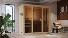 Karibu Sauna, sauna d'intérieur, modèle Irava 2, avec entrée avant. Poêle : 3,6 kW, commande externe. Dimensions : 216x122x198 cm, sans bordure de toit
