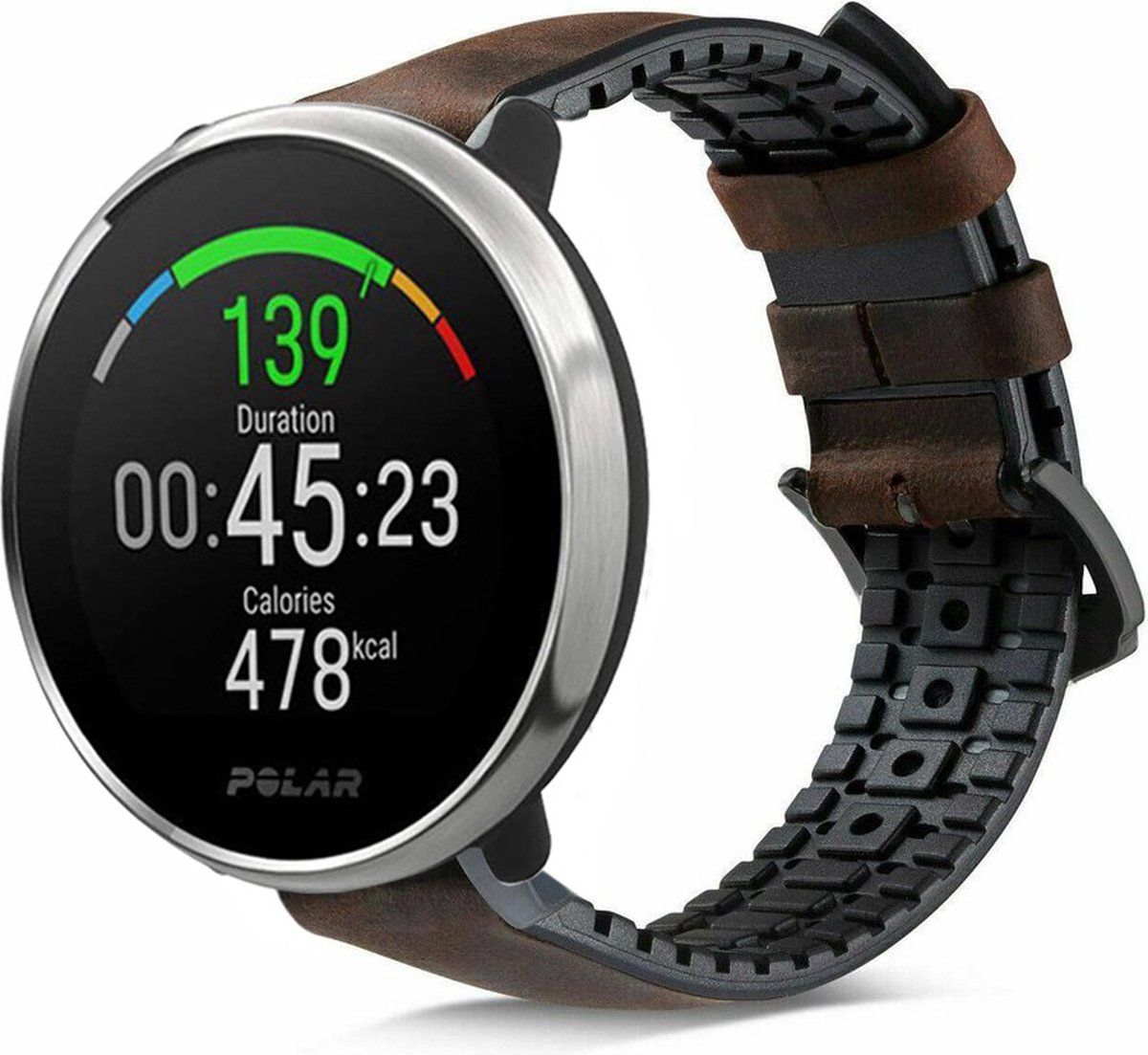 Strap-it siliconen / leren bandje - zwart-bruin - Geschikt voor Polar Ignite / Polar Unite