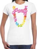 Bellatio Decorations Toppers in concert Tropical party T-shirt voor dames - bloemenkrans - wit - carnaval/themafeest L
