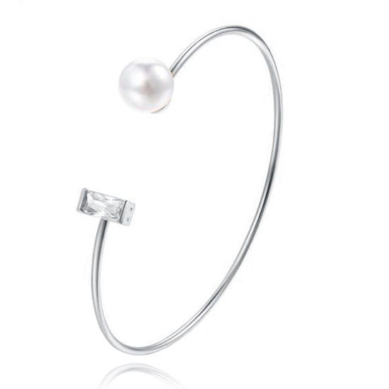 LGT JWLS Zilverkleurige armband met Rechthoekige Zirkonia Steen en Imitatie Parel