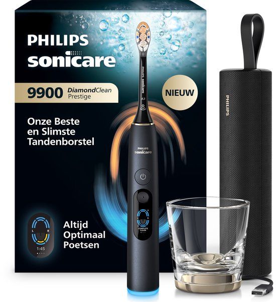 Philips Sonicare Next-Generation DiamondClean 9900 Prestige Elektrische Tandenborstel – met SenseIQ Technologie, Volledige Poetsbegeleiding en Smart Pressure Feedback, Quartz Black , HX9813/92