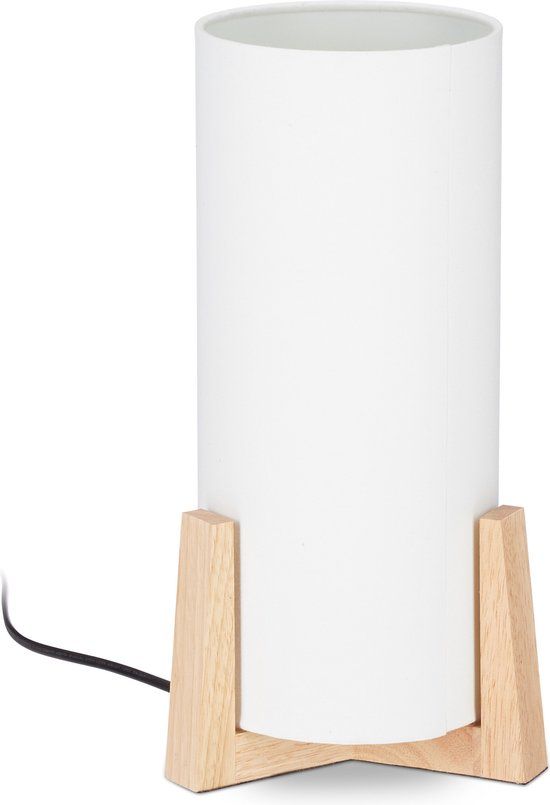 Tafellamp - Houten Basis - E27 Fitting - Wit & Lichtbruin - 32.5cm