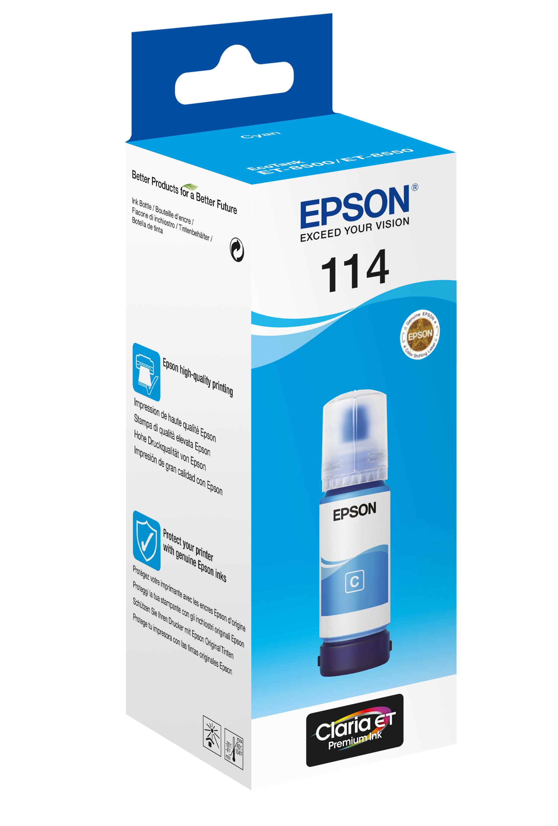 Epson 114 EcoTank Cyan Ink Bottle - 70ml - Compatible with ET-8500, ET-8600