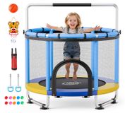 Trampoline pour enfants - Mini-trampoline pour le jardin, 150 cm - Avec filet de sécurité et poignée - Avec cerceau de basket et ballon - Avec sac de sable/punching ball - Convient pour une utilisation intérieure et extérieure - Bleu