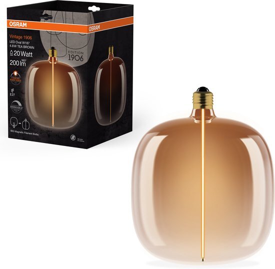 OSRAM Vintage 1906 Big Oval ist eine dimmbare, dekorative Lampe mit LED-Glüwendel-Magnet-Technologie. Sie bietet 4.8 W für 200 lm, E27 Fassung, Tea Brown Design, 187 mm Durchmesser, CRI 80.