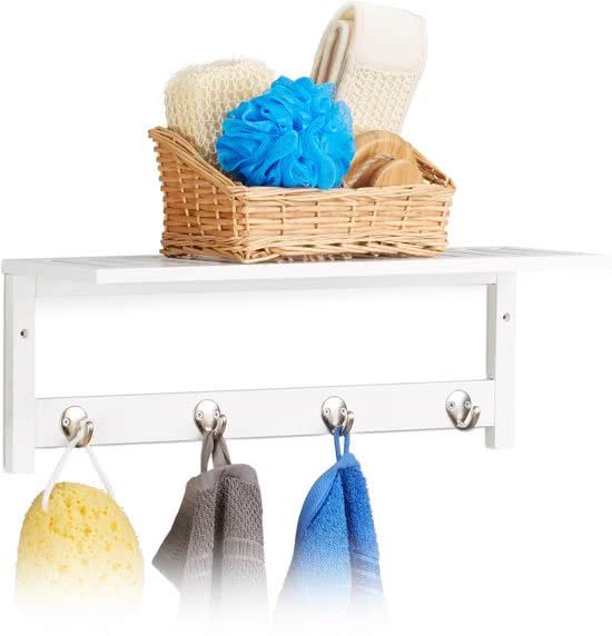 Relaxdays Wandrek met 4 haken - Garderobe - Handdoekenhouder met plank/haakjes