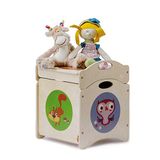 Dida - I Troncotti, Speelgoedopslag Pouf en Zitje voor Kinderen, Houten Kubus met Wielen en Stapelbaar Deksel, Bosdiermotieven: Eekhoorns, Stinkdier en Uil, Ideaal voor Kinderkamers