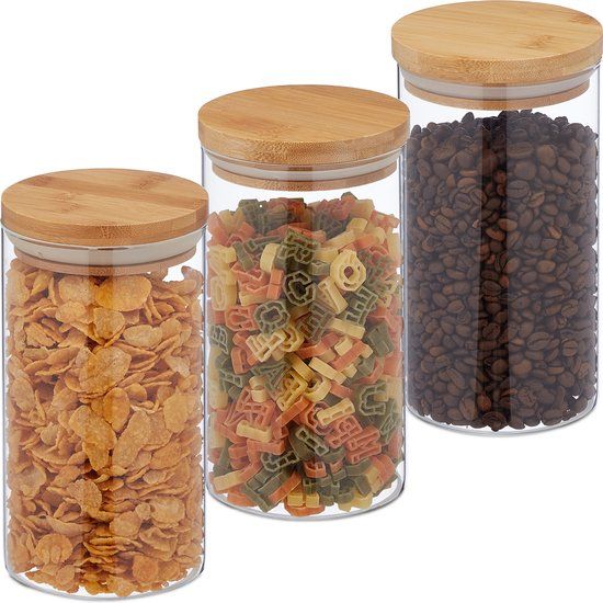 Merkloos Relaxdays Voorraadpotten met bamboedeksel - 3 stuks - 1000 ml - Luchtdicht - Transparant/Naturel