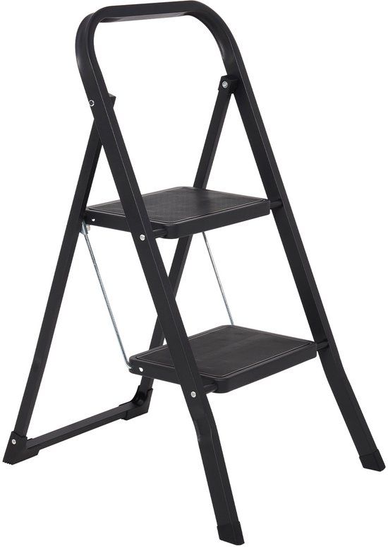Infinity Goods Stevige Huishoudtrap 2 Treden - Keukentrap Inklapbaar - Anti-Slip - Trap Ladder - Opvouwbaar - Metaal - Zwart
