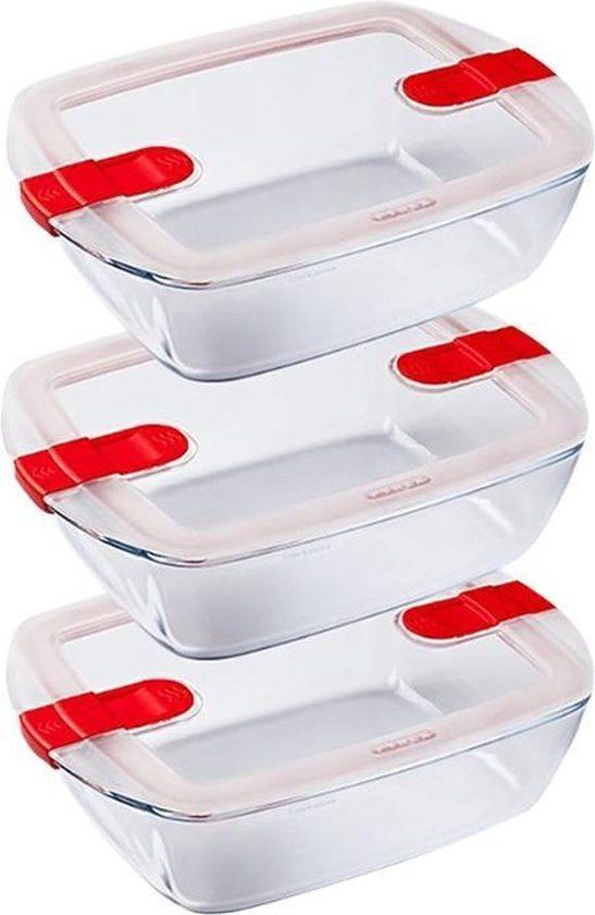 Pyrex Cook & Heat Rechthoekige Schaal - Set van 3 - Glas - Magnetronbestendig - 3.3L